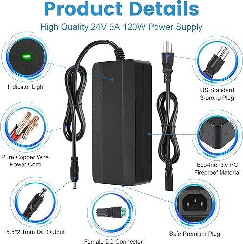 Miniatura 3 de HOUHUI Fuente de alimentación de 24 V 5 A, 24 voltios, 5 amperios, 120 W, transformador de adaptador de CACC con certificación UL, adaptador de