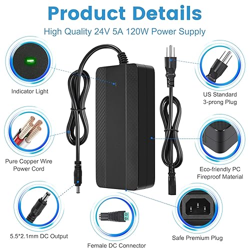 Miniatura 3 de HOUHUI Fuente de alimentación de 24 V 5 A, 24 voltios, 5 amperios, 120 W, transformador de adaptador de CACC con certificación UL, adaptador de