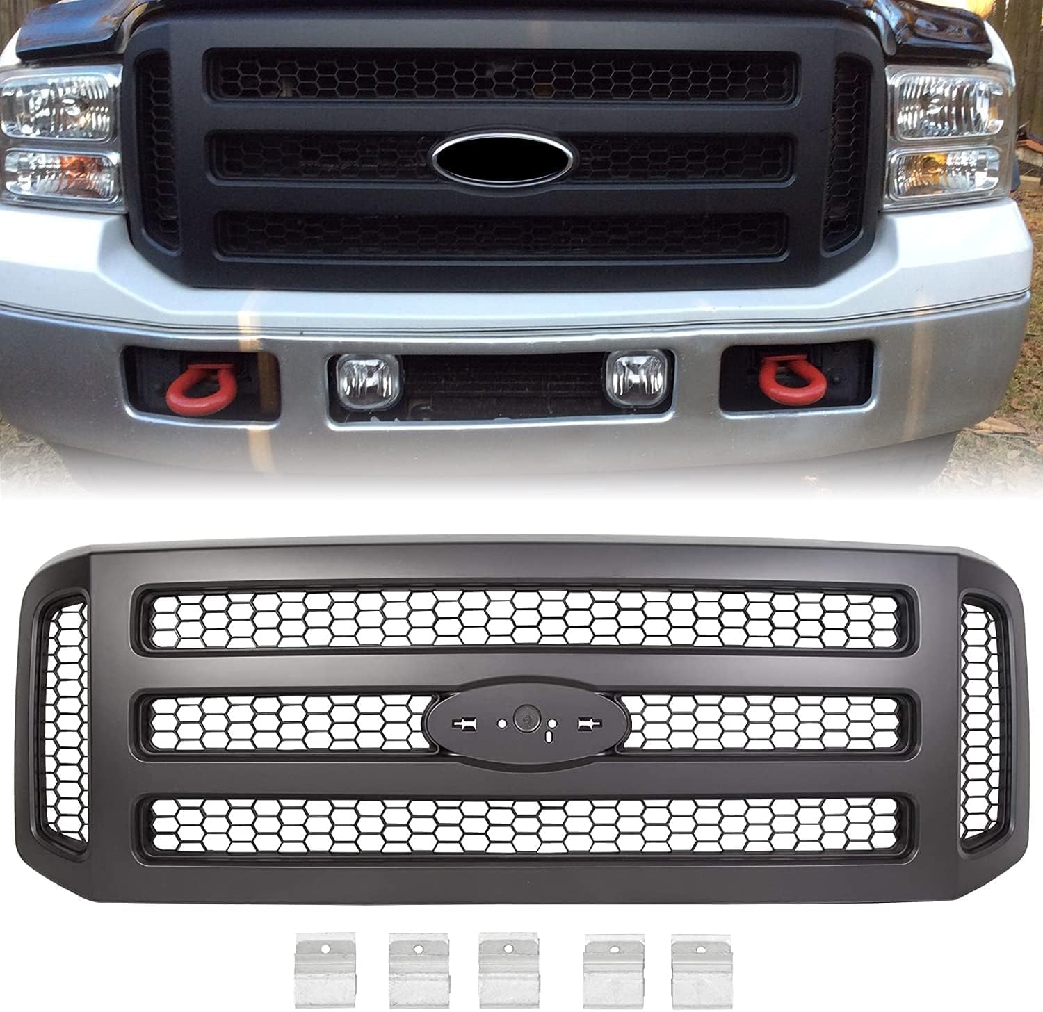 HECASA Front Grille Compatible with 2005-2007 Ford F250 F350 F450 F550 Super Duty Excursion Upper Bumper Hood Grill Painted Black Replacement for FO1200457