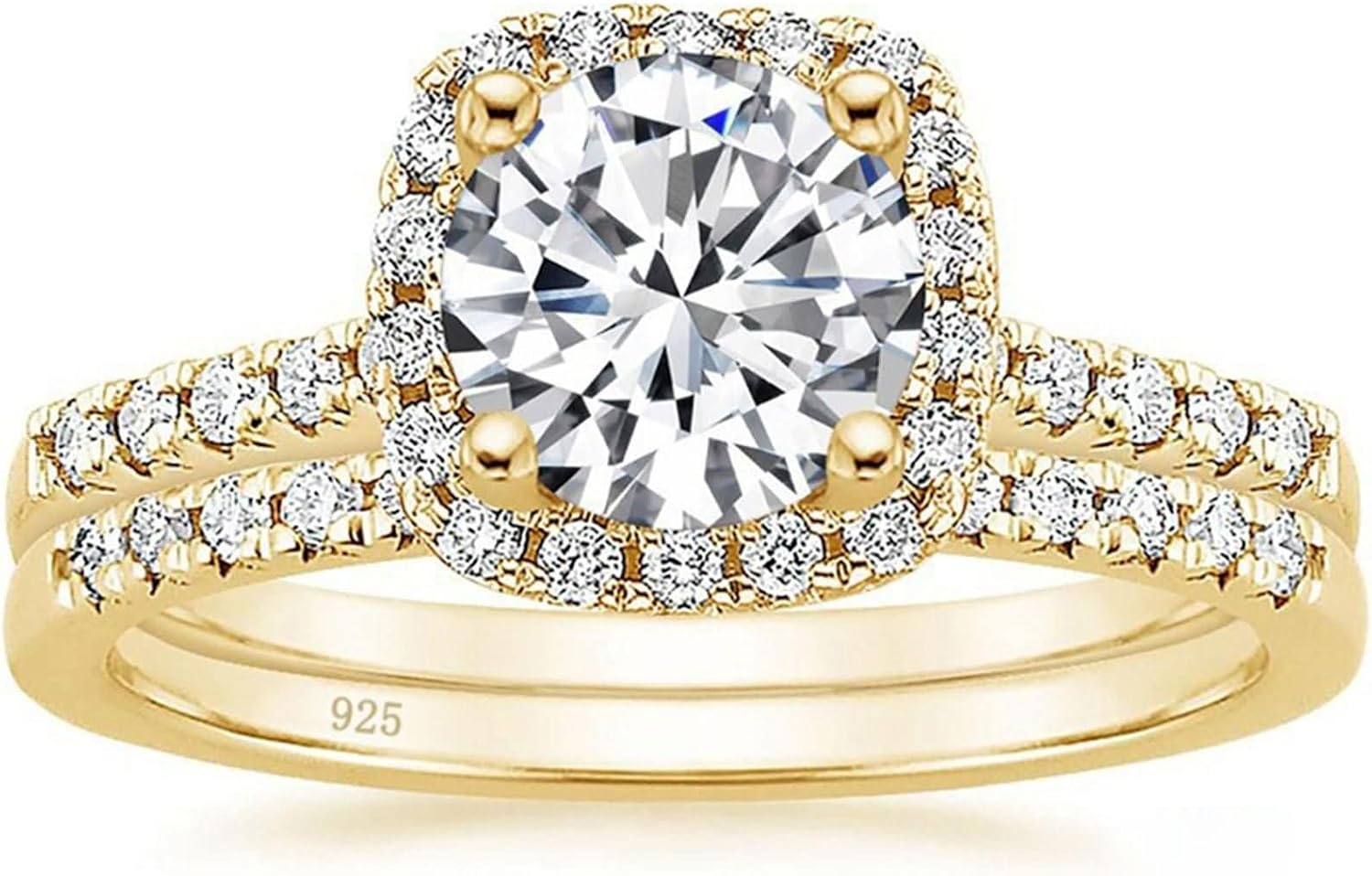 Engraved Women 925 Sterling Silver Promise Ring, 2 Ring Set with 7MM Round with Cubic Zirconia, Gold Ring Bands for Women