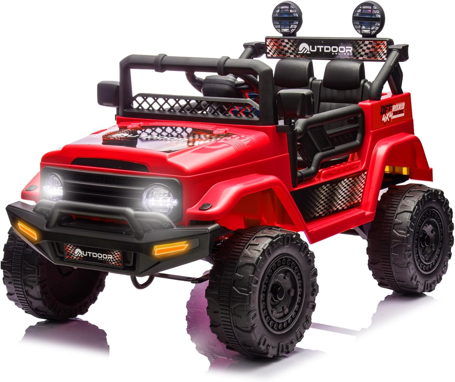 Outdoor Cruiser 12V Kids Ride-On Car with Remote Control - Dual 25W Motors, 4.5AH Battery, Safety Belt, Emergency Stop, Spring Suspension, Smooth Terrain Drive, Max Load 66 lbs, Ages 3-8 Years, Red