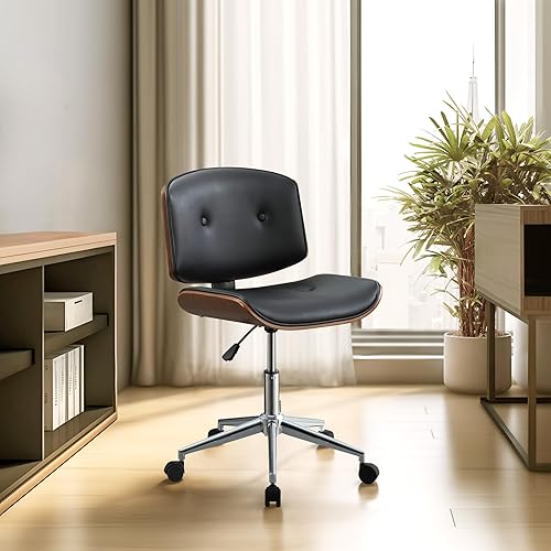 Silla de oficina en casa con ruedas, silla de escritorio sin brazos, altura ajustable, piel sintética, respaldo medio, giratoria de 360, moderna