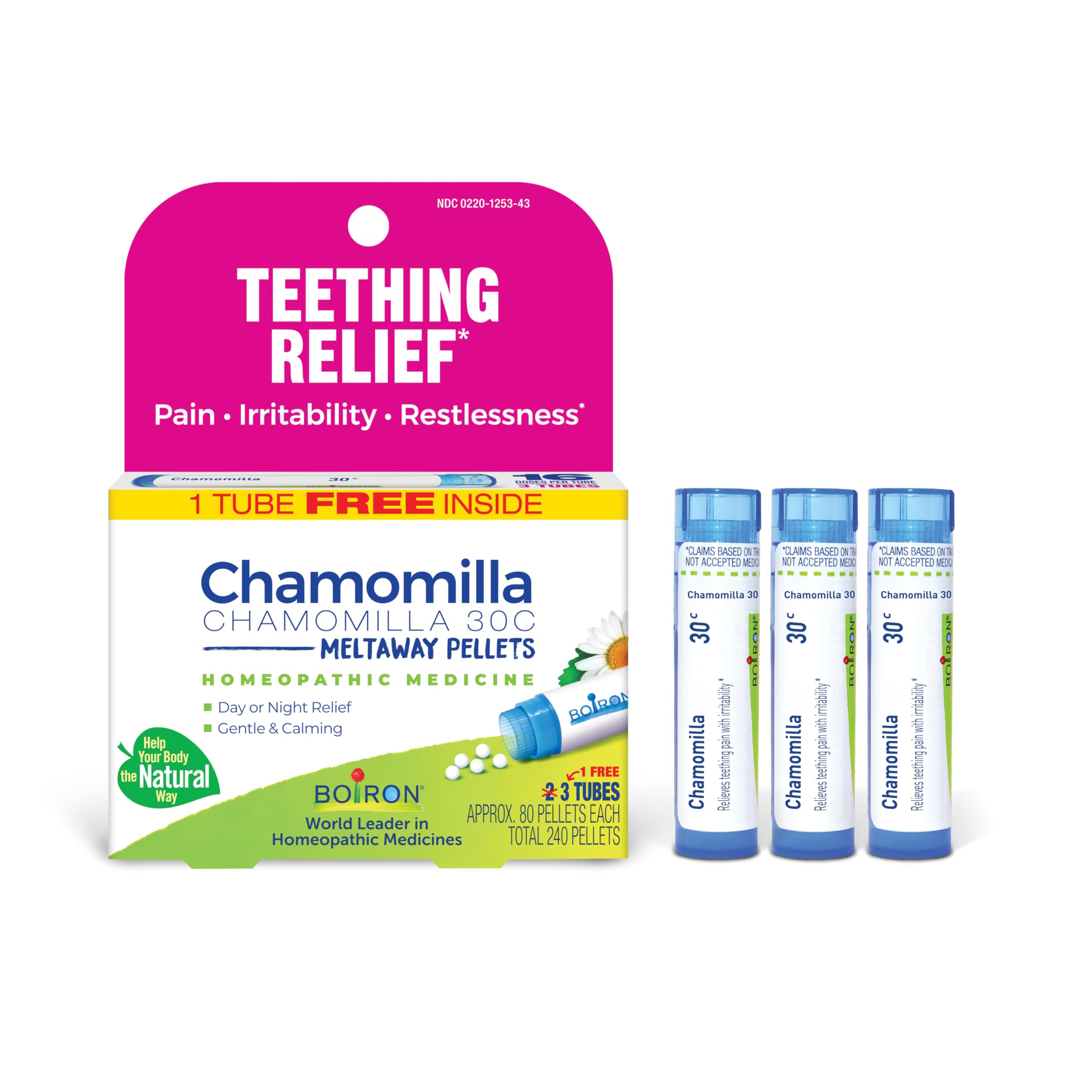 Boiron Chamomilla 30C Homeopathic Medicine for Teething Relief, Pain, Irritability, and Restlessness - 3 Count (240 Pellets)