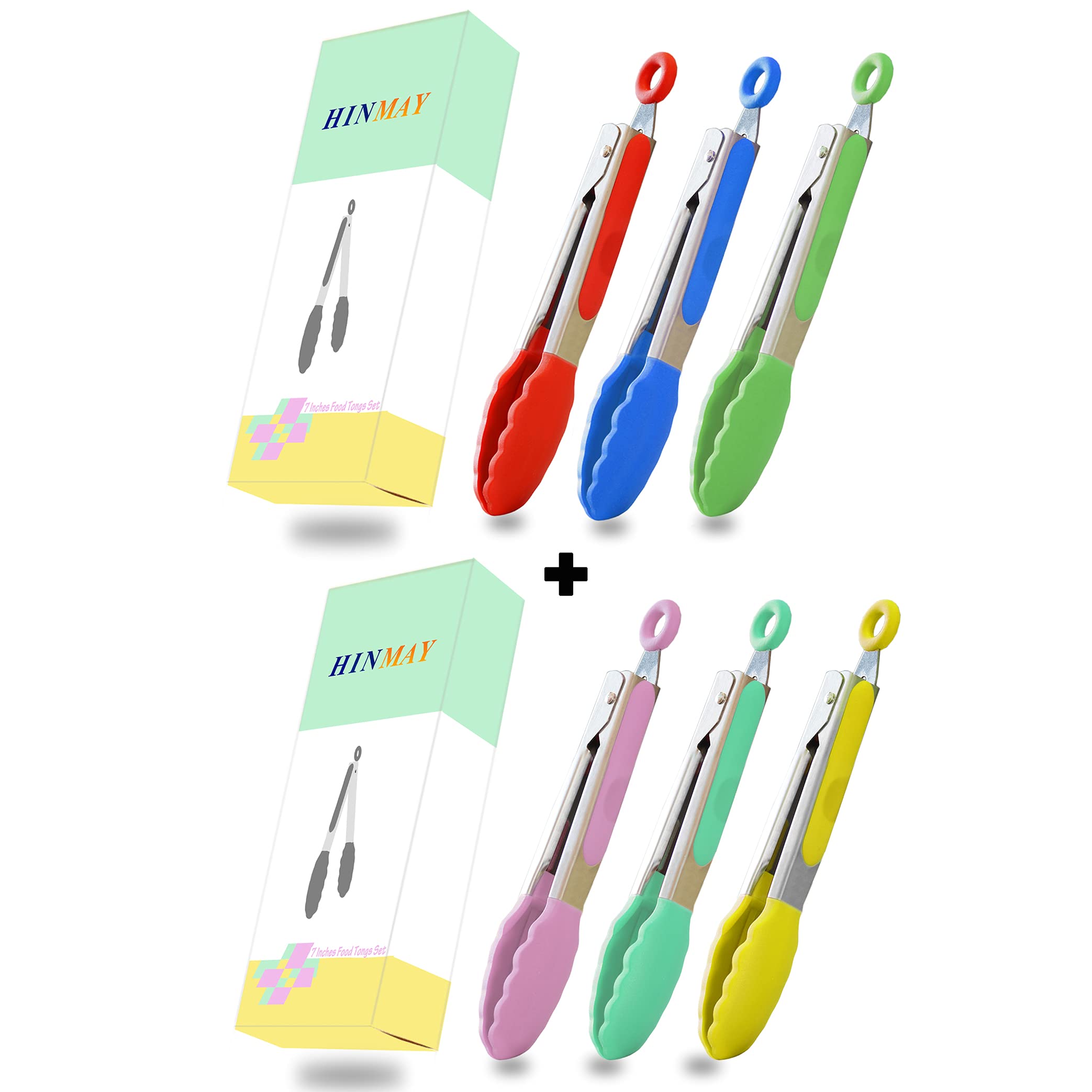 HINMAY Juego de 6 pinzas de cocina coloridas de 7 pulgadas con puntas de silicona, juego de 6 (rojo, azul, verde, rosa y amarillo)