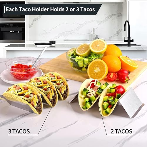 Miniatura 8 de Juego de 6 soportes para tacos de acero inoxidable, cada soporte de metal para 3 tacos - Estante para tacos con asas - Elegantes soportes para tacos