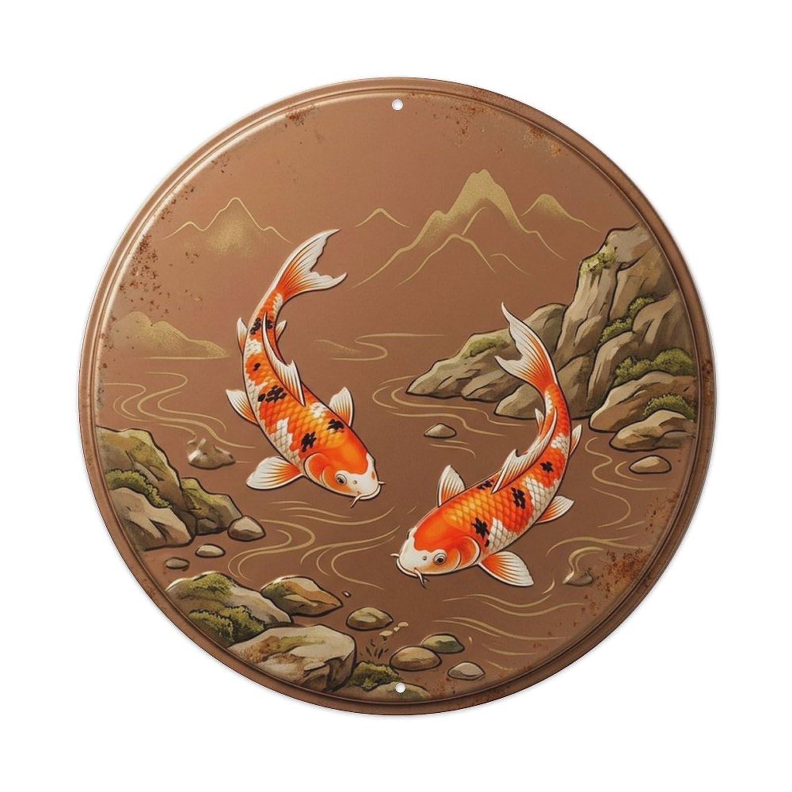 Zen Water Garden Koi Copper Mountain Stream Oriental Metal Tin Sign Plaque Wall Decor for Cafe, Man Cave, Club Bar, Office, Home Garden Round Metal Poster 8x8Inch