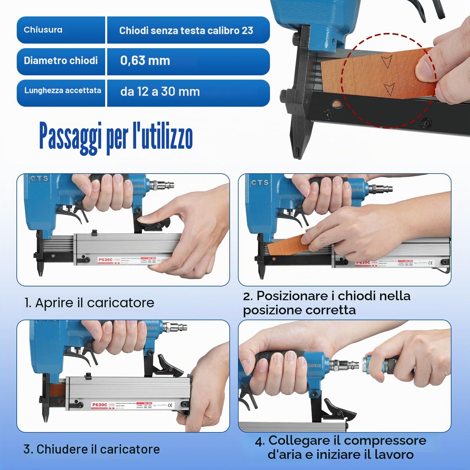 P630C - Chiodatrice pneumatica con pin da 23 gauge, 3000 chiodi inclusi, pistola con pin senza testa e grilletto di sicurezza, adatta per chiodi da 12 a 30 mm, micro pin per armadi