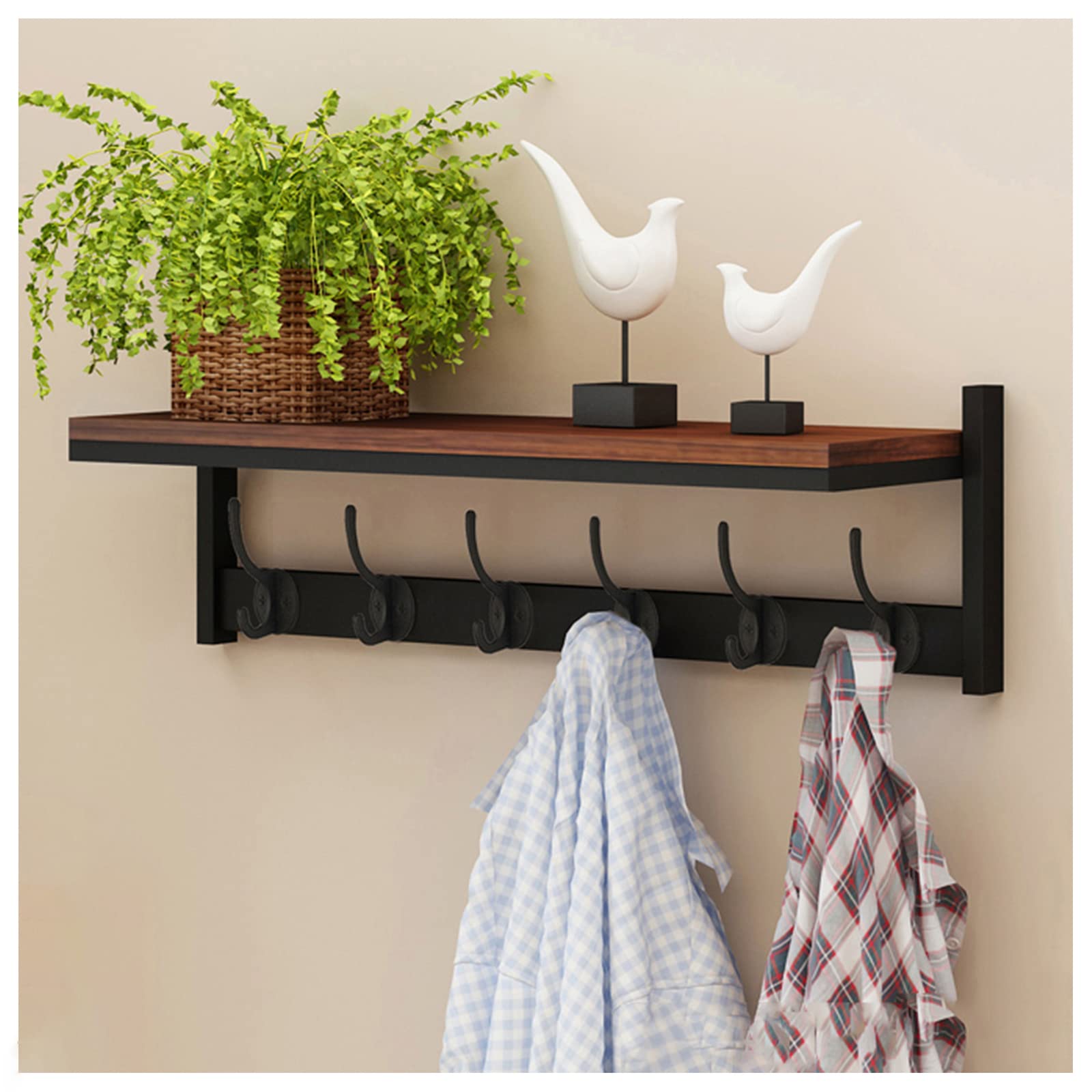 Perchero De Pared con Estante, Ganchos De Madera para Abrigos, Ganchos para Llaves De Entrada, Soporte para Correo, Entrada, Sala De Estar, Cocina (Size:6 Hooks,Color:Black + Retro)