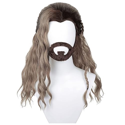 Miniatura 2 de Uniquebe - Peluca rizada de color rubio claro con barba, peluca de pelo sintético largo y rizado resistente al calor, gorra de red para Halloween,