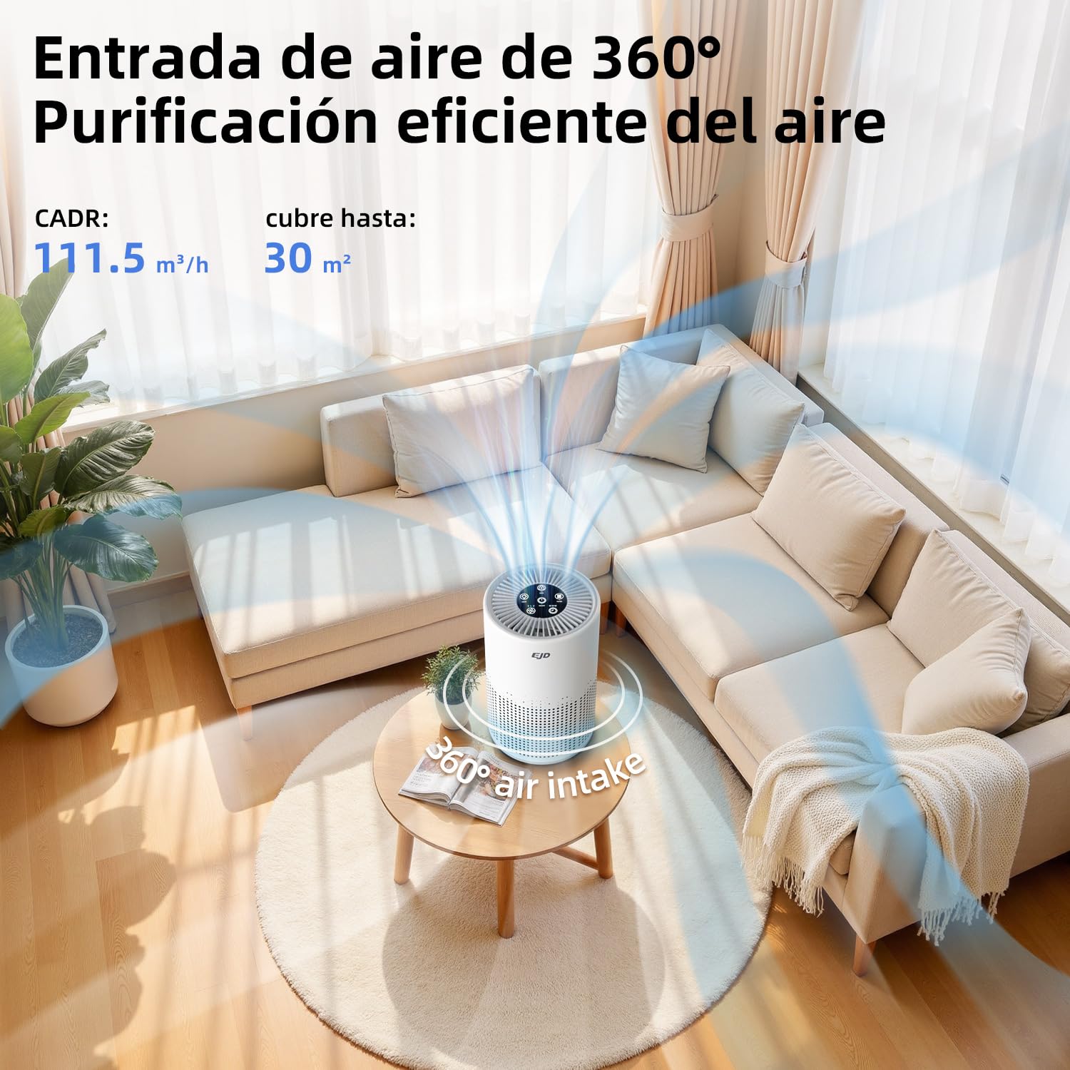 Purificador de aire EJD H13 True HEPA para hogar y dormitorio | Modo de suspensión de 12 dB, control de velocidad, temporizador, para olores, polvo, humo y polen
