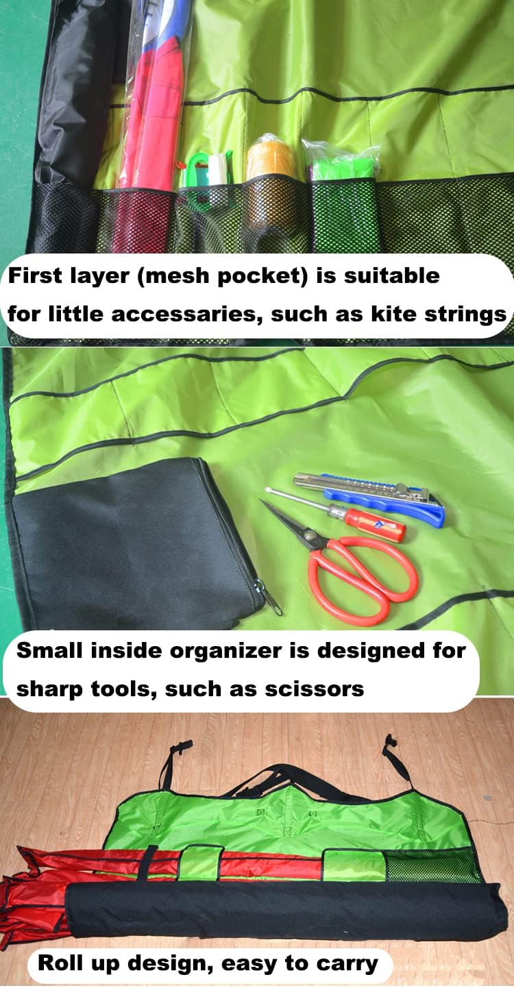 Large Rollable Kite Bag with Small Organizer for 7 to 8 Big Kites Shoulder Strap Reusable for Stands Boom