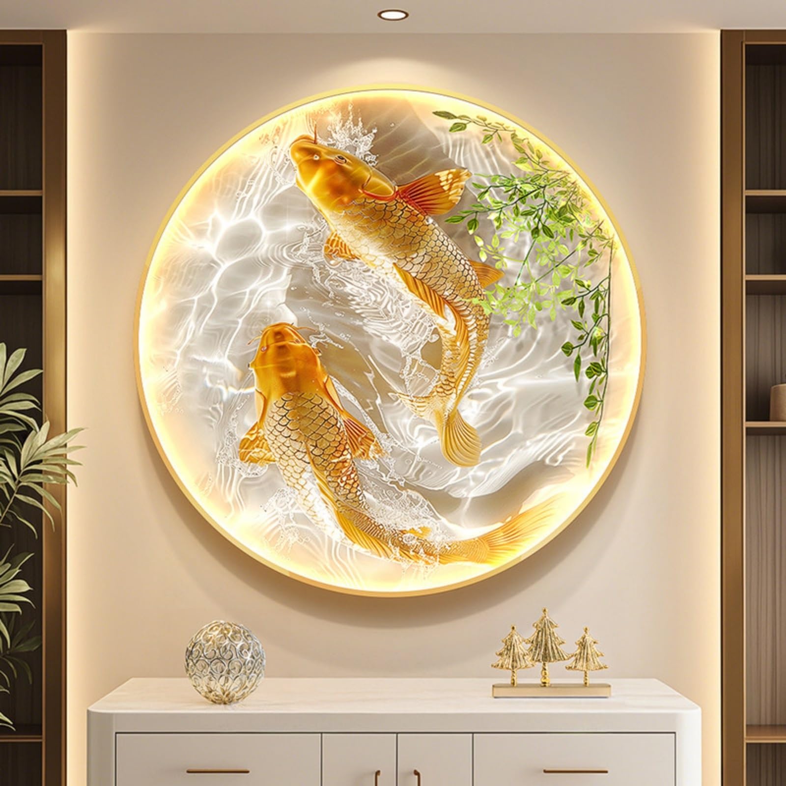 DAJIAYIQI Round Koi Fish Wall Art, Modern Feng Shui Illuminated Wall Hanging Decoration, Creative Art Wall Sculpture with Aluminum Frame, for Living Room Bedroom Office(A,60cm/23.6in)