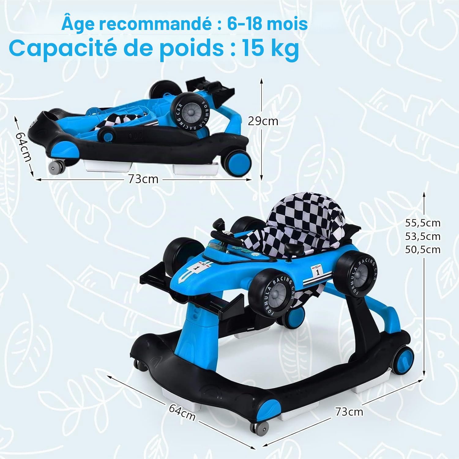 FANTASK Trotteur 4 en 1 pliable avec hauteur et vitesse réglables, en forme de voiture pour bébé, avec boîte à musique, lumières et roues, bleu