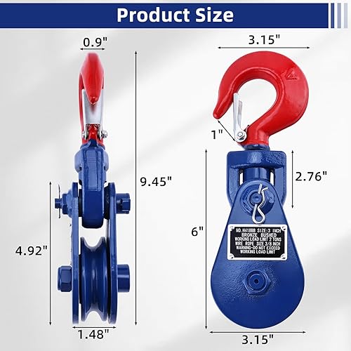 Miniatura 5 de Bloque de arranque de 2 toneladas con gancho giratorio y pestillo, polea de 3 pulgadas, cuerda de alambre de 3/8 pulgadas, una sola polea, camiones