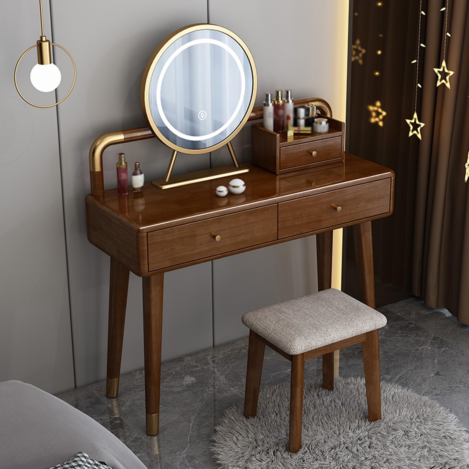 asdchZen Solid Wood Makeup Vanity With Mirror & 3 Lights-Stylish Dressing Table For Bedroom & Apartment -Modern Makeup Desk For Beauty Enthusiasts