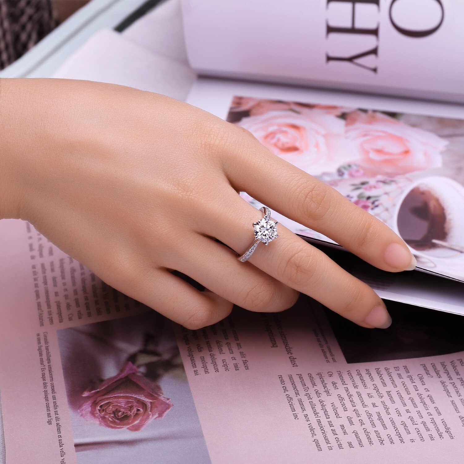 JewelryPalace Solitario Anillo Mujer Plata Oro 14k Oro Rosa, Anillo de Compromiso Media Eternidad Diamante Simulado, Anillo Promesa Niña Clásico con Piedra Corte Redonda, Conjunto Joyas para Novia