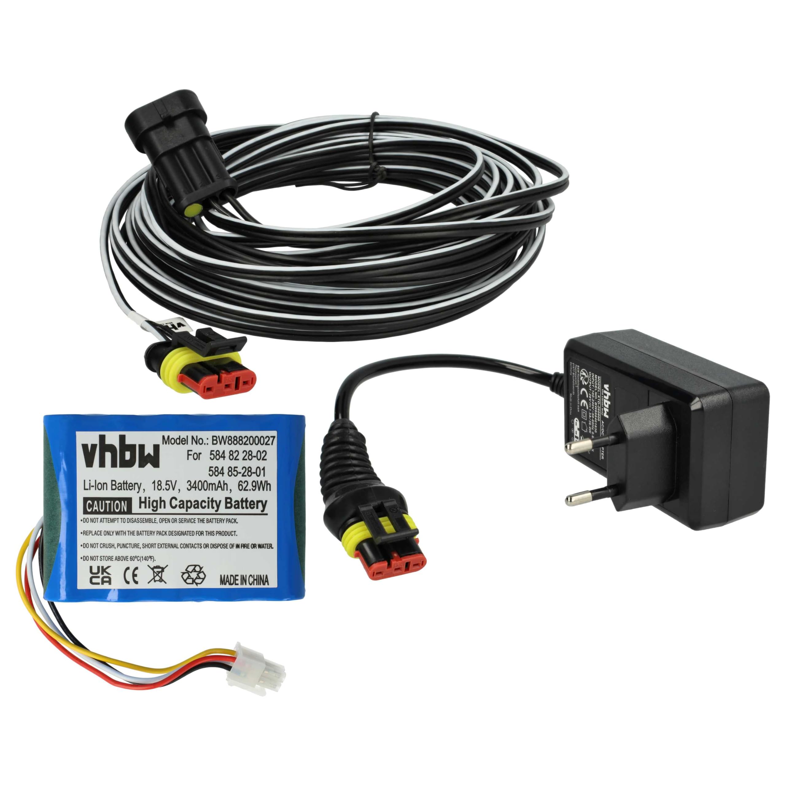 vhbw 1x Fuente alimentación, 1x bateria 3400 mAh, 1x Cable Baja tensión de 10 m Compatible con Gardena R200LiC, R180LiC, R200Li, R38Li cortacésped