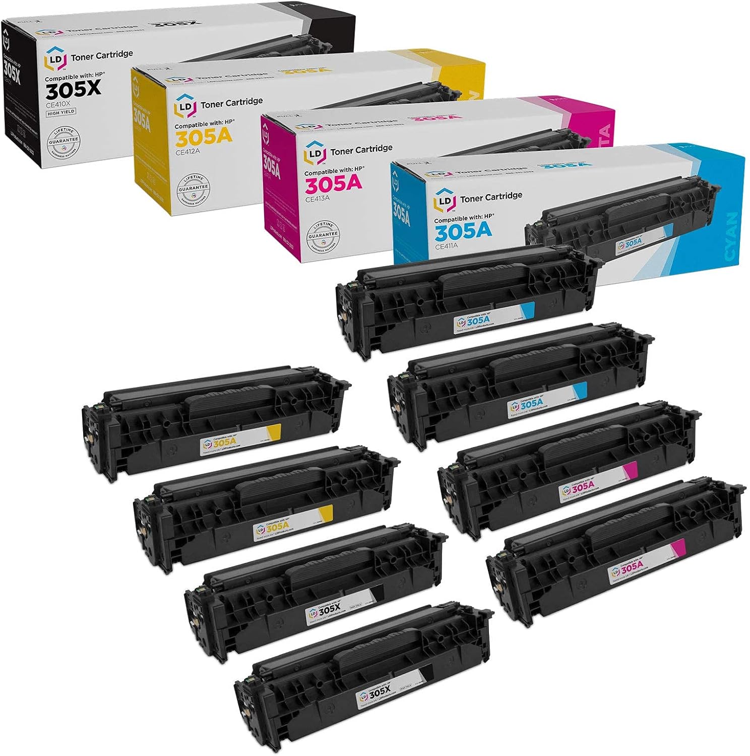 LD Products Replacement Toner Cartridge Compatible with HP 305A & 305X High Yield (2 Black, 2 Cyan, 2 Magenta, 2 Yellow, 8-Pack) Compatible with LaserJet Pro: 300 Color MFP M375nw 400 Color M451dn