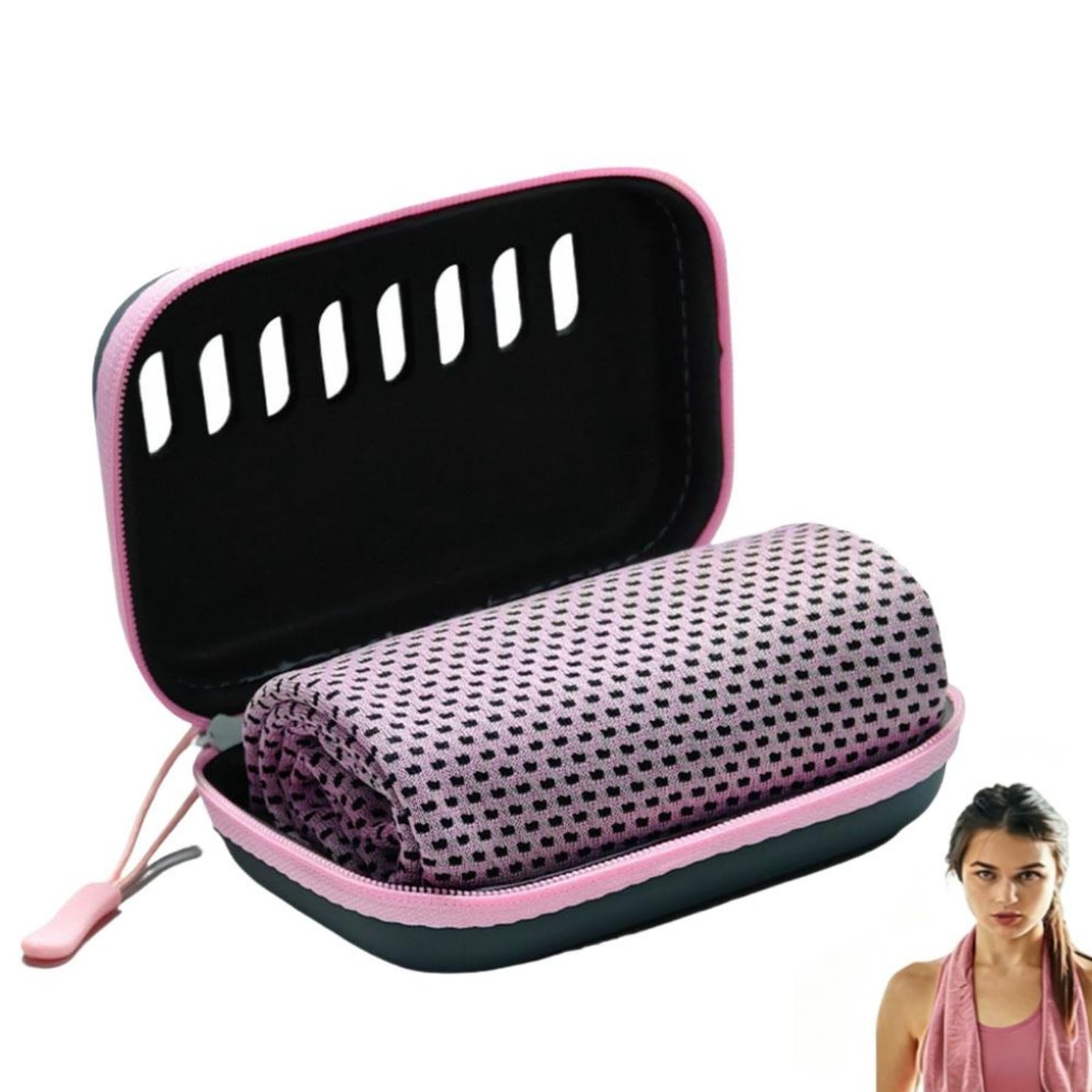 Quick-Drying Cooling Towel with EVA Storage Box, 100x30 cm Microfibre Sports Scarf for Neck & Face, Soft Breathable Sweat-Absorbing Towel for Gym, Running, Yoga, Hiking & Hot Weather,Pink