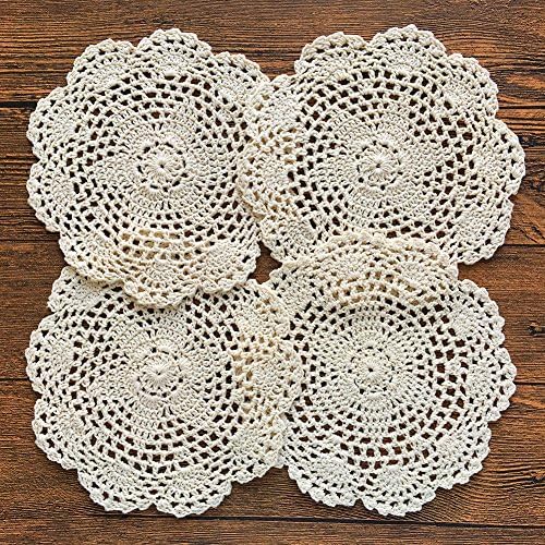 gracebuy Pack of 4PCS Beige 7 Inch 100% Cotton HANDMADE Crochet Lace Placemats Coasters