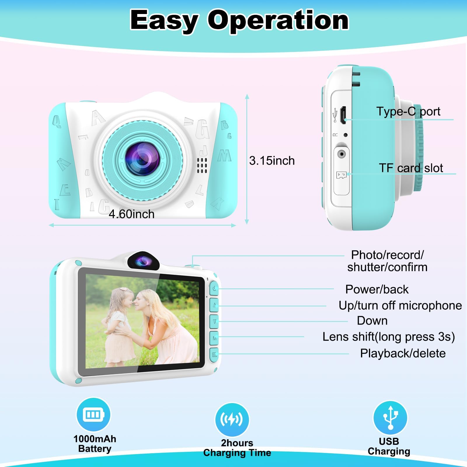 Appareil photo numérique pour enfants de 3,5 pouces avec carte de 32 Go, 1080P HD 12 MP, anti-chute, rechargeable par USB, cadeau de Noël pour garçon de 3 à 12 ans, bleu