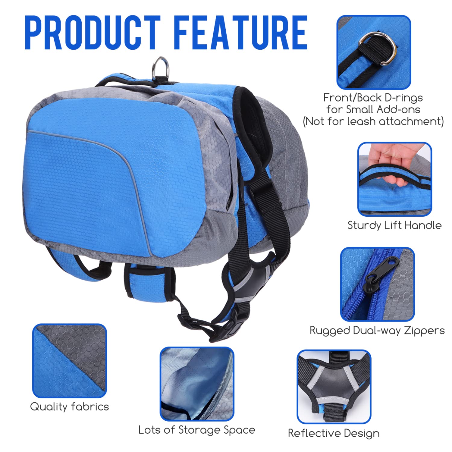 Nobleza - Mochila Arnés Chaleco para Perro, Alforja Bolsa de Hombro Ajustable, Bolsa Sillón para Excursionismo, Senderismo y Camping con Tira Reflectante para Mascota, Azul - L