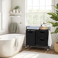 Vista 5 de Laundry Hamper 3 Section with Wheels, Shelf, Removable Bag and 6 Hooks, Rolling Laundry Basket Organizer, Laundry Sorter Cart, Clothes Hamper for