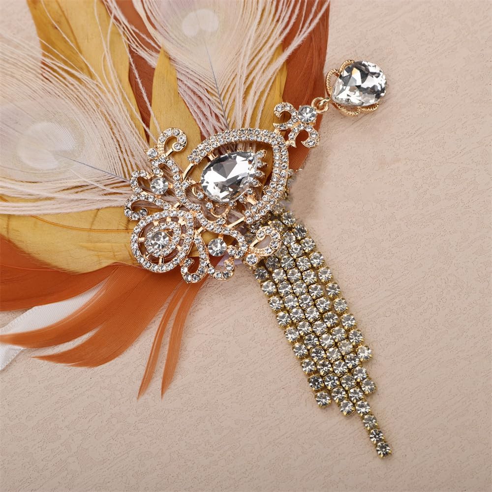 Aimimier 1920s Flapper Feather Hair Clip Crystal Tassel Roaring 20s Yellow Feather Headpiece Masquerade Hair Accessories for Women and Girls - Image 3
