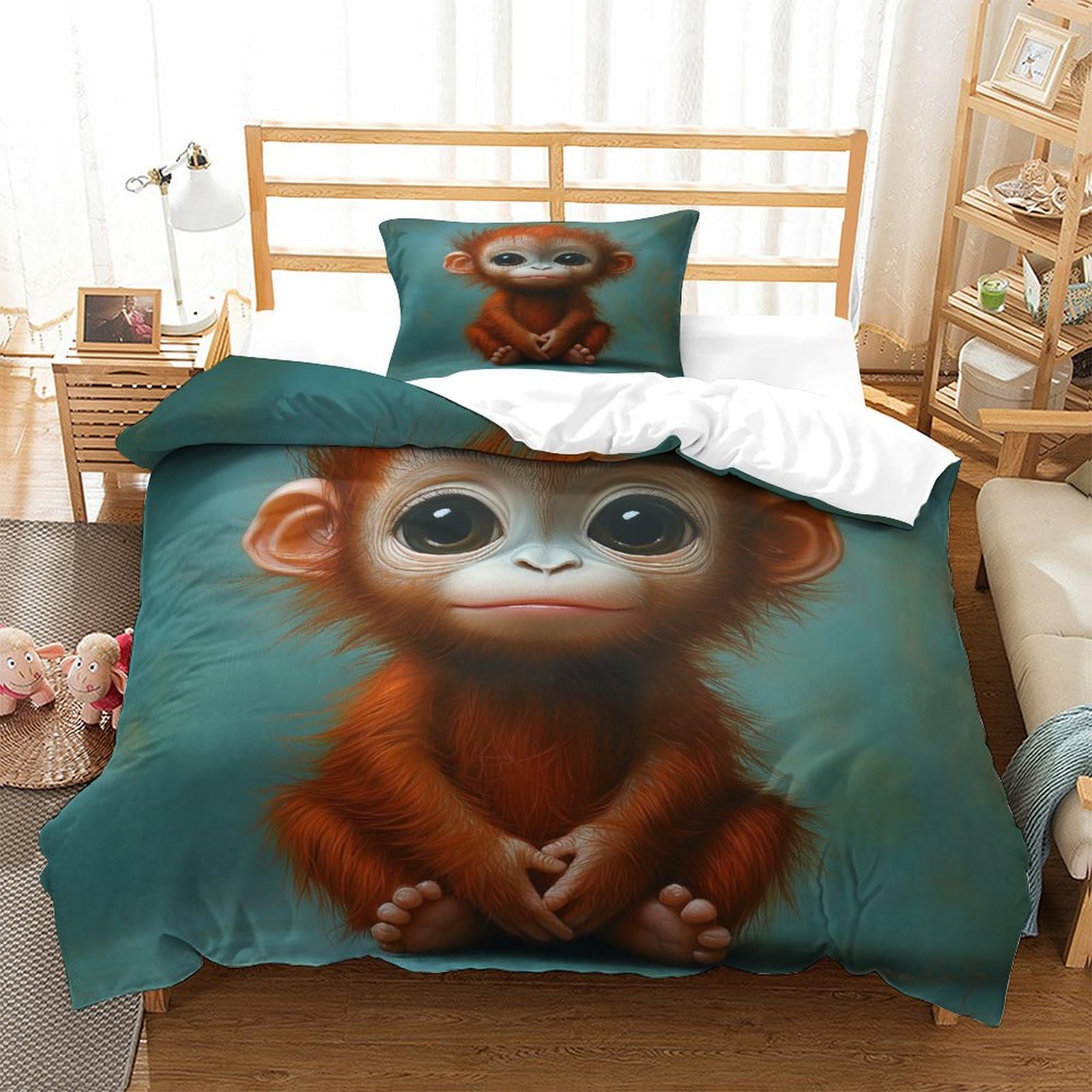 P1s9u7w5y Monkey-1 3D Printed Cute Monkey 3Pcs Microfiber Duvet Cover Set Animal Decor Bedding Set Single（135X200cm）
