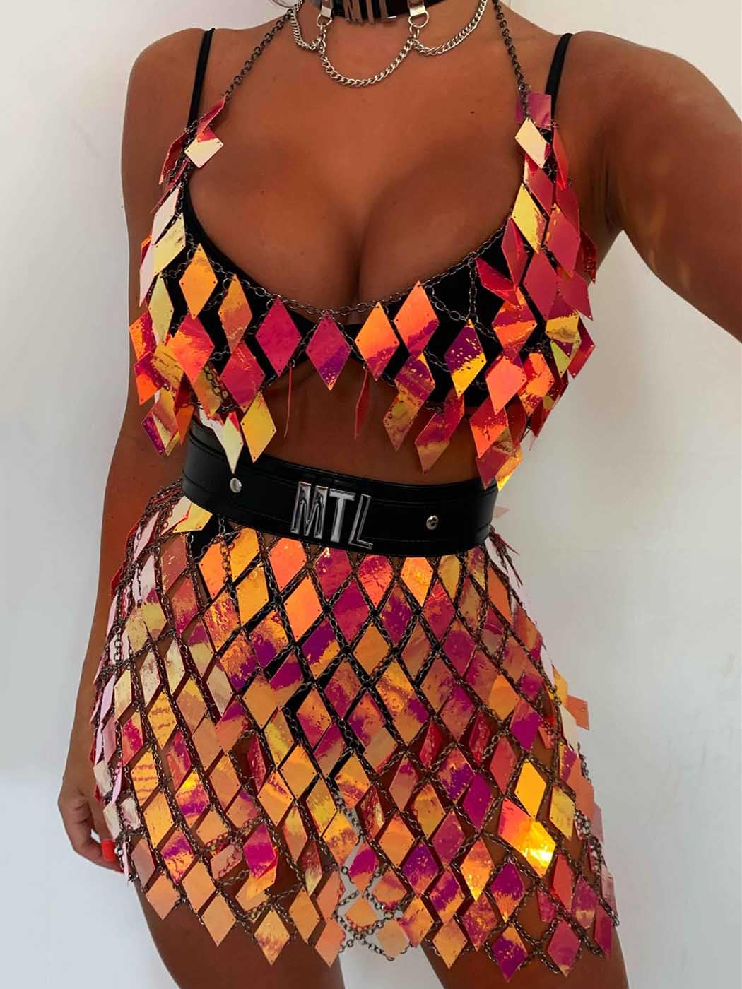 IYOU Pailletten Quaste Körperkette Outfits BH-Rock Blau Bikini Rave Festival Party Strand Mode Clubkleidung Zubehör zum Damen(Gold)