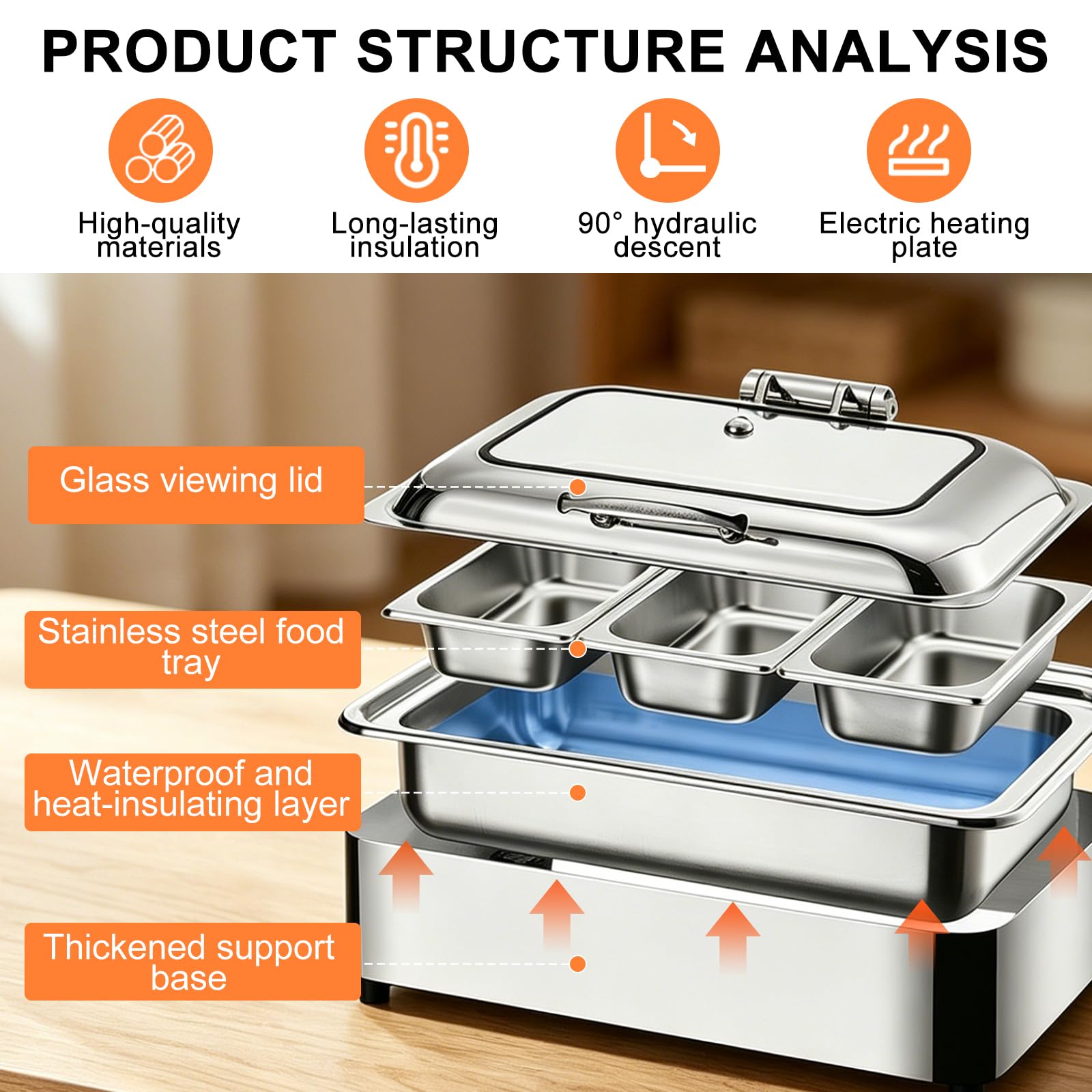 Calentador Buffet Electrico 9L, Regulable Temperatura 30-85 °C, 1/1 | Chafing dish comercial bufé, calentador de comida buffet electrico para catering, bodas y fiestas, acero inoxidable