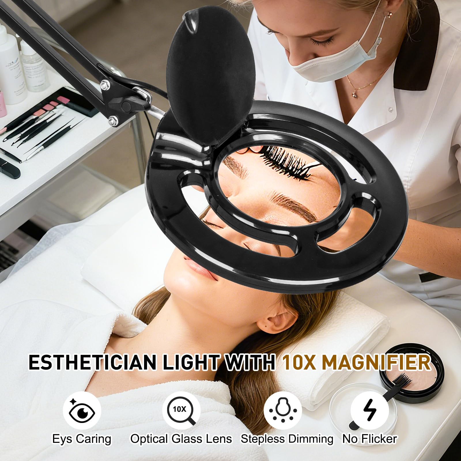 Kosmetiklampe mit 10-Facher Vergrößerung, 2500 Lumen Stufenlos Dimmbar Lupe mit Licht und Ständer 5-Rollen-Fuß, Dimmbare Kosmetik light für Wimperntechnik/Tattoo/Extensions/Schönheit