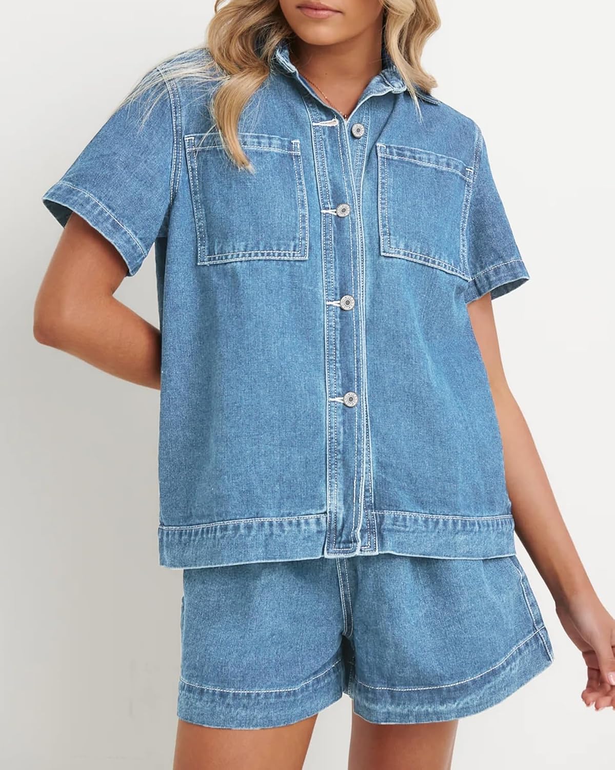 Kedera Summer Denim Set for Women 2 piece Casual Short Sleeve Boxy Shirt Tops and Shorts Pants Lounge Sets Outfits - Image 4