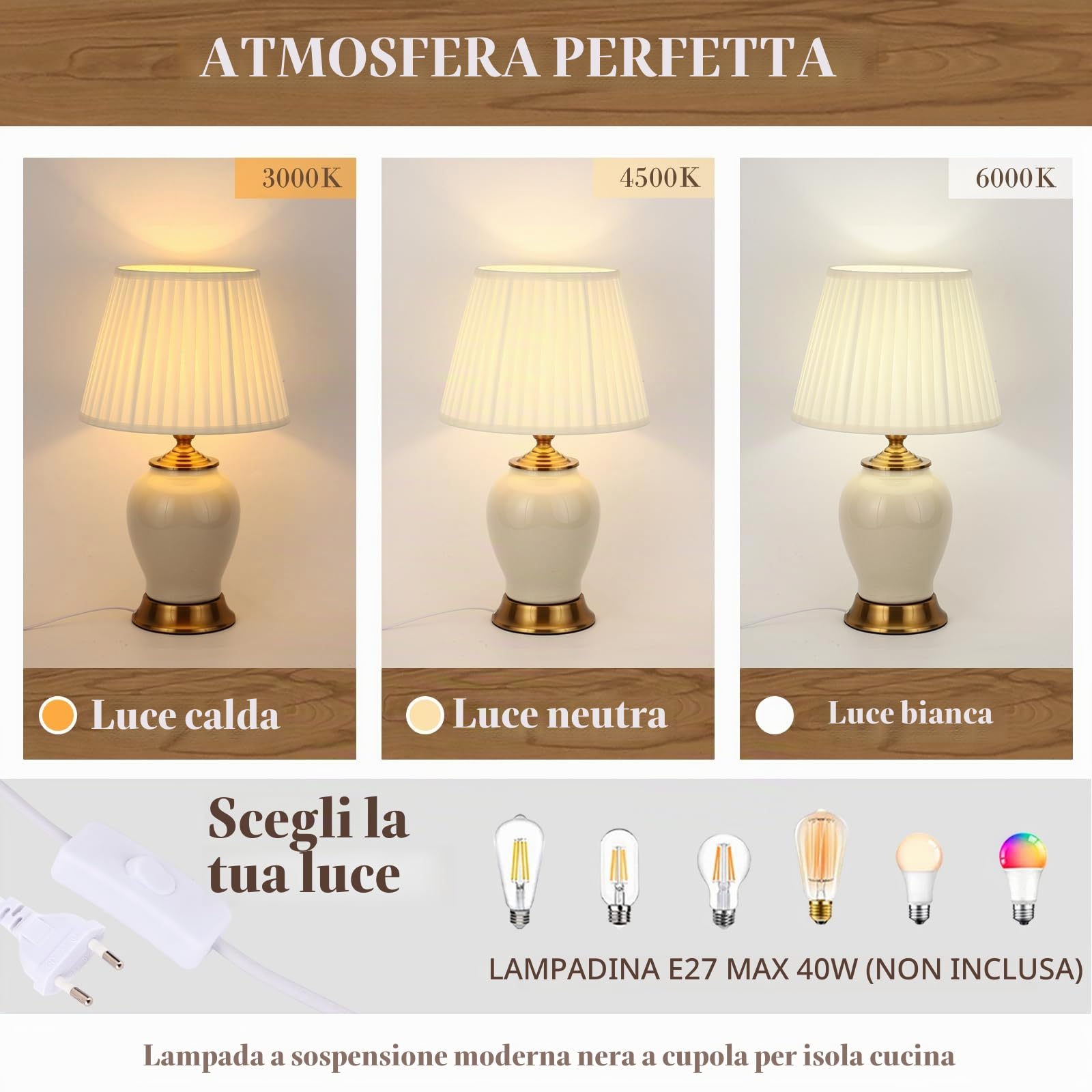 Lampada Da Tavolo E27 Lampade Da Comodino Moderne, Lampada Da Scrivania In Tessuto Bianco Paralume, Lampada Da Letto In Ceramica Decorazione Della Camera Da Letto Lampada Da Lettura, Bianco
