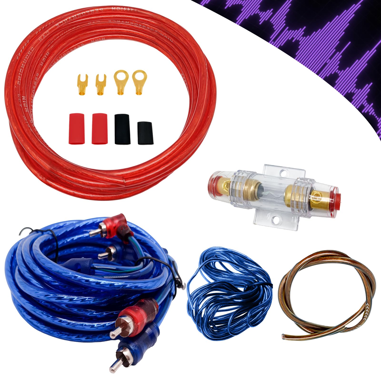 Cable Ampli Voiture, Car Audio Subwoofer Wire, Câble Fusible Costume, 10GA Câblage d'Ampli avec Kit, Amplificateur Cable, 4.5 Meter Kits de Fils de Caisson, Automotive audio Wiring Kit