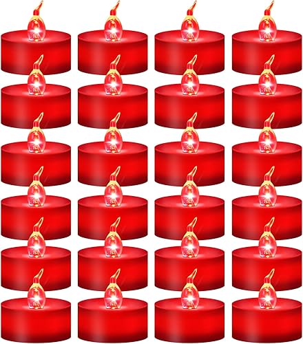 Windshell 24 velas de té con llama parpadeante roja real (LED rojo en el interior), velas LED que funcionan con pilas, velas pequeñas rojas sin