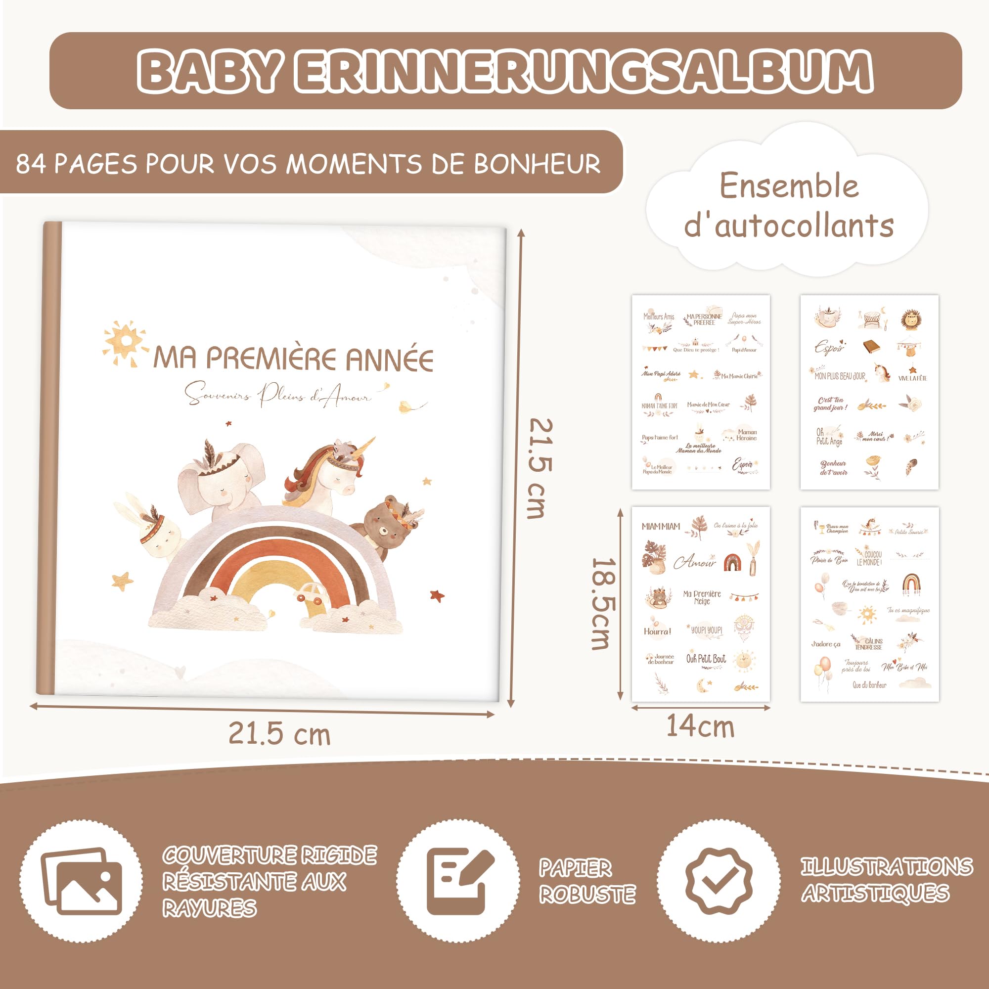 Hyggartn Livre de Naissance et Album Photo Bébé 84 Pages avec Autocollants - Journal à Remplir Photos et Textes, Cadeau Baptême Fille Garçon Fête Prénatale (Motif arc-en-ciel) - 3