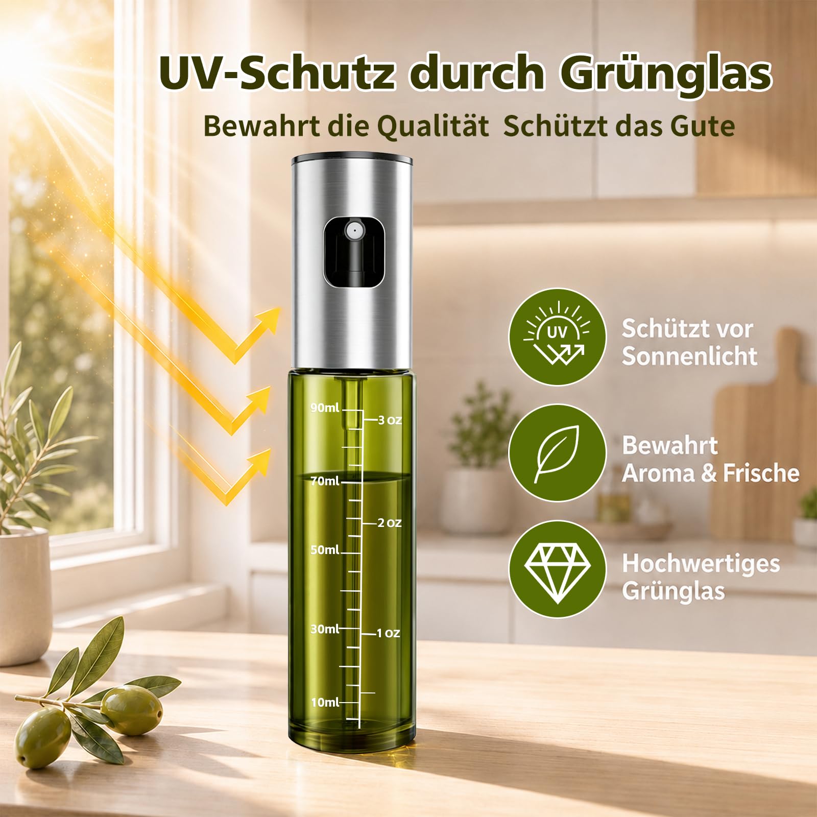 Sprühflasche Öl 2er Set, 2x100 ml Ölsprüher Glas aus UV-Schutzglas | Olivenöl Sprühflasche aus Glas für Speiseöl, feiner Sprühnebel, Ölspray Alternative für Heißluftfritteuse, Salat & Backen