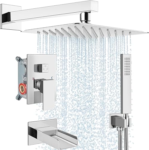 Miniatura 12 de Midanya Sistema de ducha de lluvia, juego de grifo de ducha para bañera, cabezal de ducha cuadrado de cascada con rociador de mano, boquilla