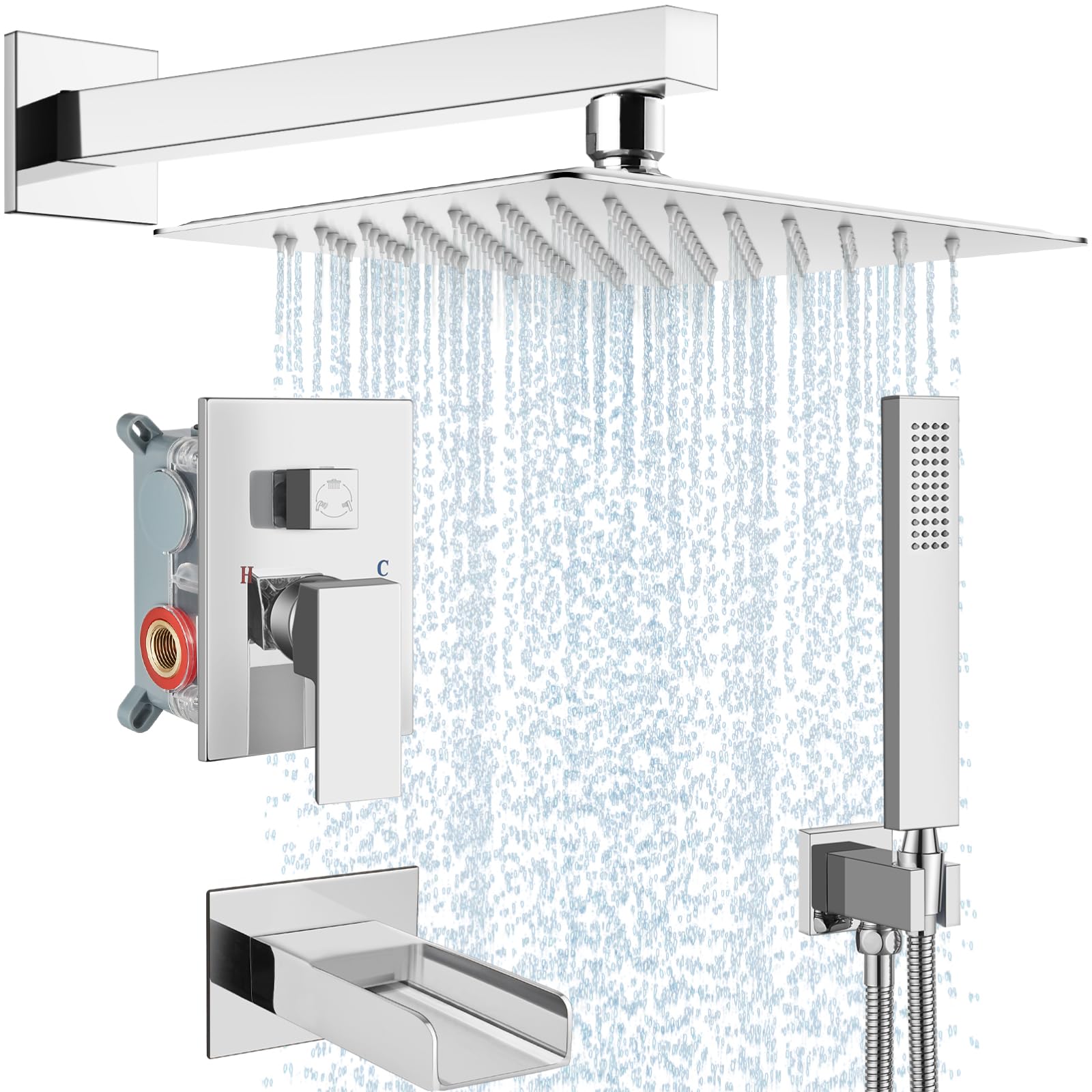 Hcfyauis Polish Chrome Rain Shower System Tub Shower Faucet Set Square Rainfall Waterfall Shower Head With Handheld Sprayer Tub Spout Combo Wall Mounted Bathtub Faucet Set Rough-In Valve, 12 Inch