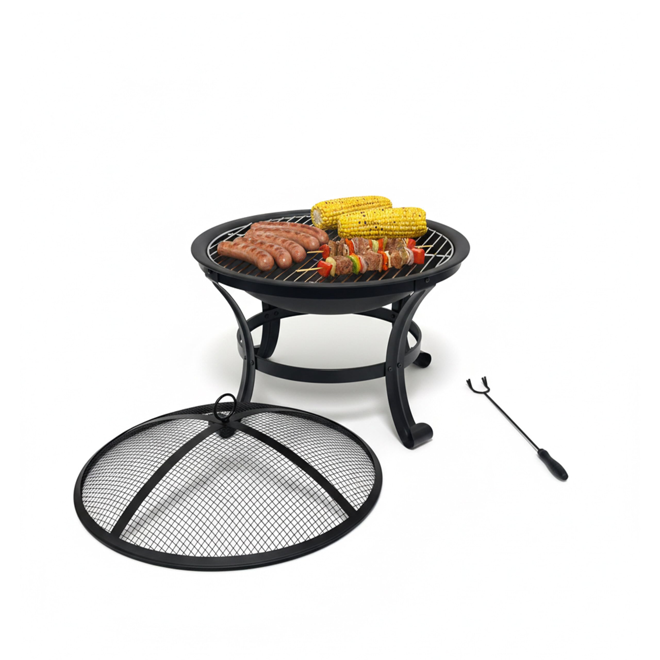 Relaxdays Feuerschale, Ø Schale 55 cm, mit Grillrost, Funkenschutz, Schürhaken, Stahl, Feuerstelle Garten, schwarz