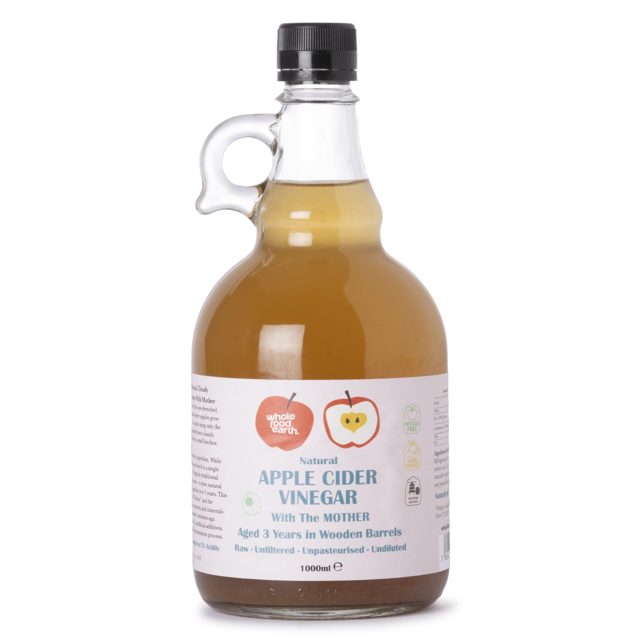 Wholefood Earth Apple Cider Vinegar 1 x 1L - with "Mother" - Raw - Unpasturised - Unfiltered - GMO Free