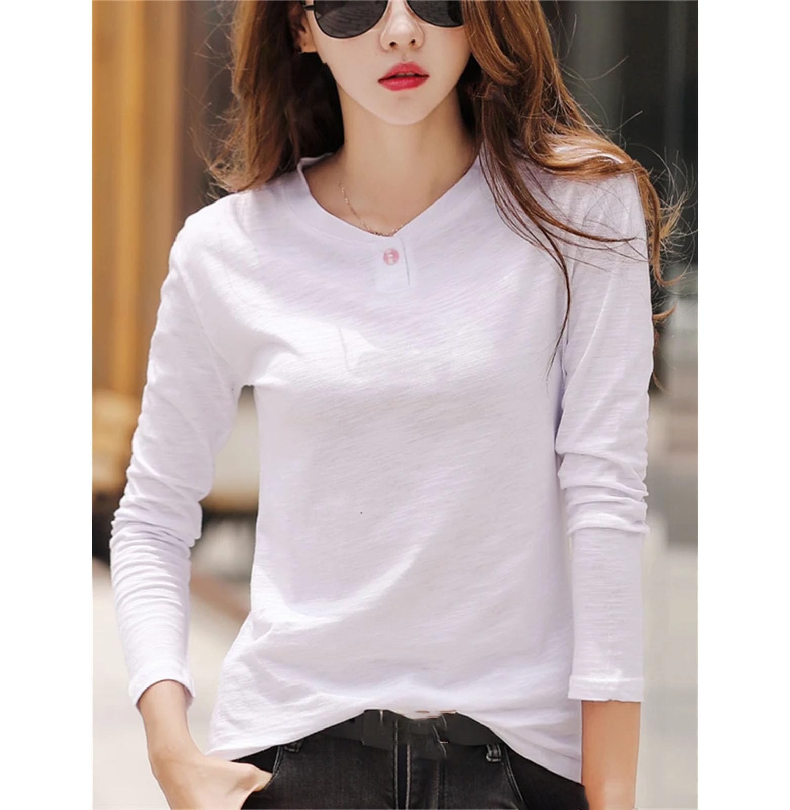 T-shirt da donna a maniche lunghe in cotone con bottoni verde scollo a V T-shirt tinta unita morbida top allentato