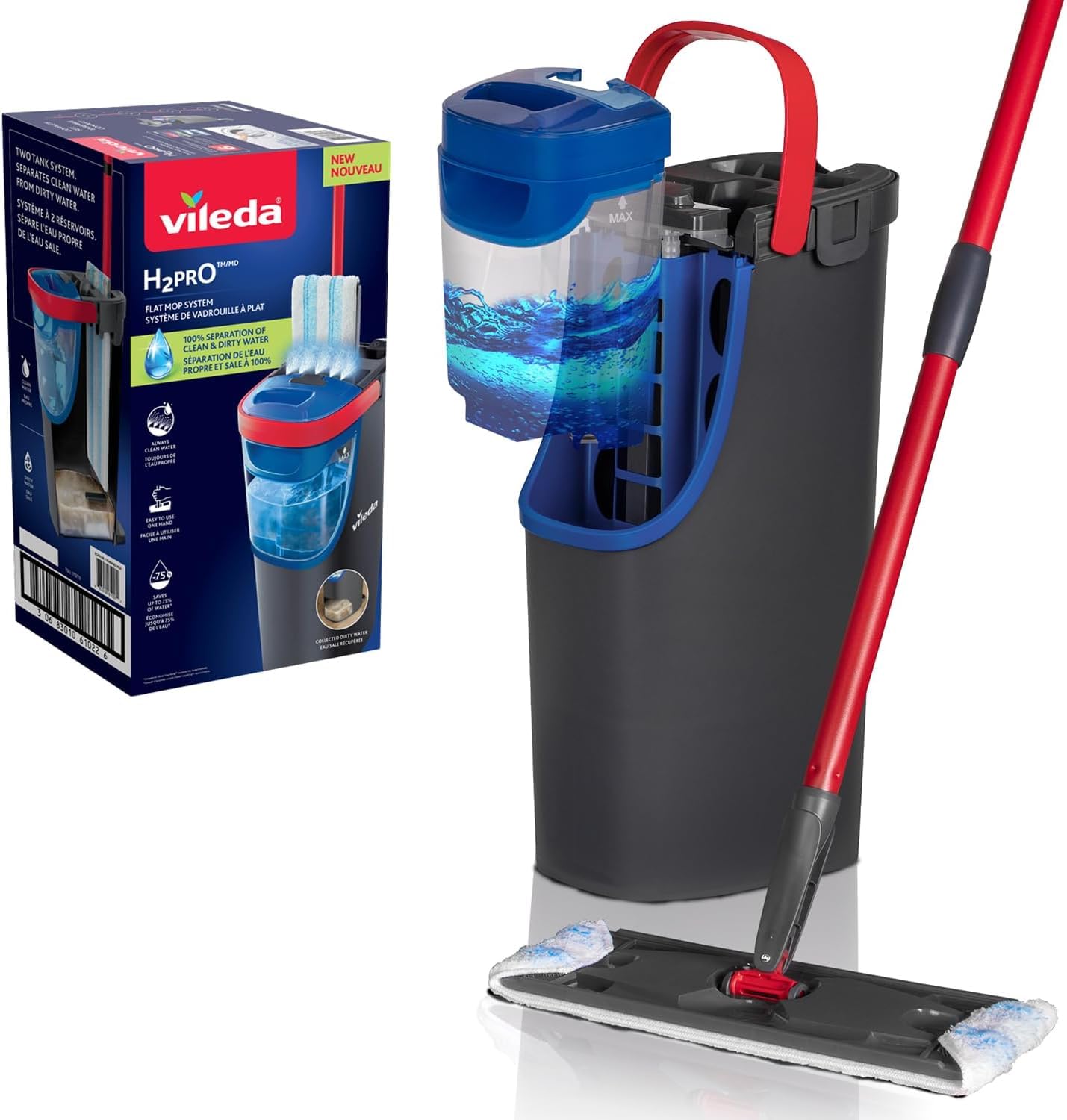 Vileda H2Pro Flat Mop System - Grey - Microfibre Technology - Telescopic Handle