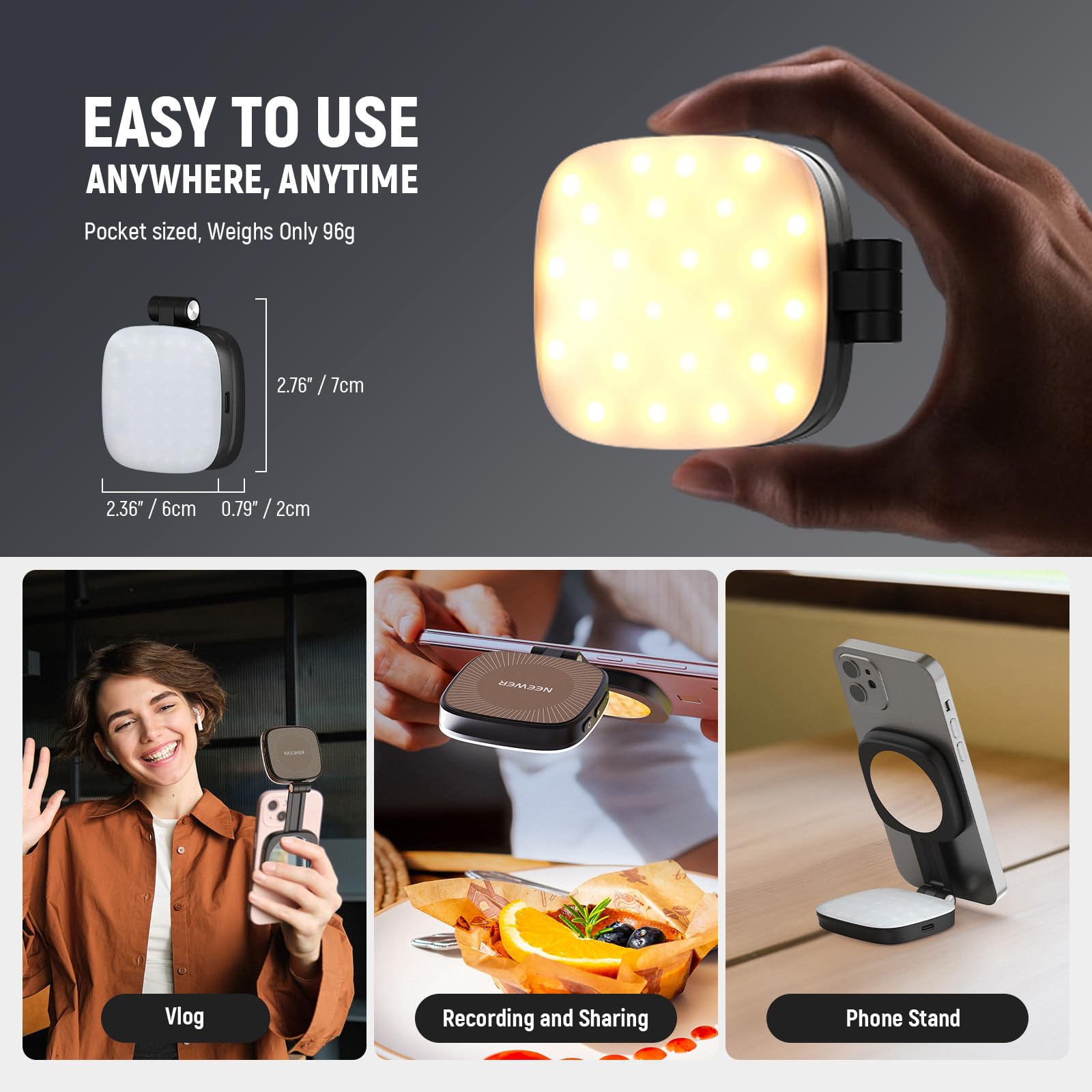 NEEWER Magnetisches Selfie Licht kompatibel mit iPhone MagSafe CRI95 700lx/0,3m Faltbare LED Handy Füllring Beleuchtung mit Ständer/Spiegel für Zoom Make up Fotografie Aufnahme NL48B,Schwarz