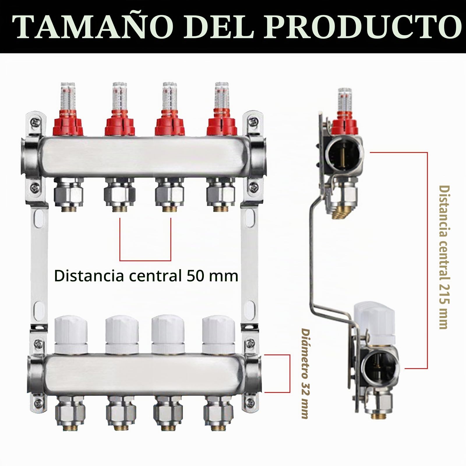 Distribuidor Circuito Calefacción, Calefacción Por Suelo Radiante 4 Circuitos Caudalímetro Suelo Radiante Sistema Calefacción Por Suelo Radiante Acero Inoxidable Con Caudalímetro Rosca Exterior 3/4"