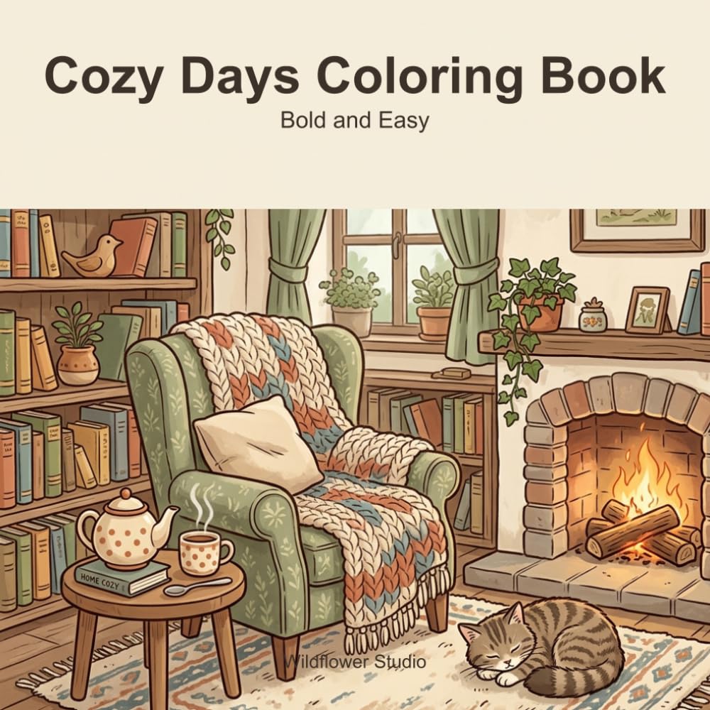 Cozy Days Coloring Book: Bold and Easy — 40 Simple Snug Designs of Reading Nooks, Cats and Quiet Moments for Adults, Teens and Seniors