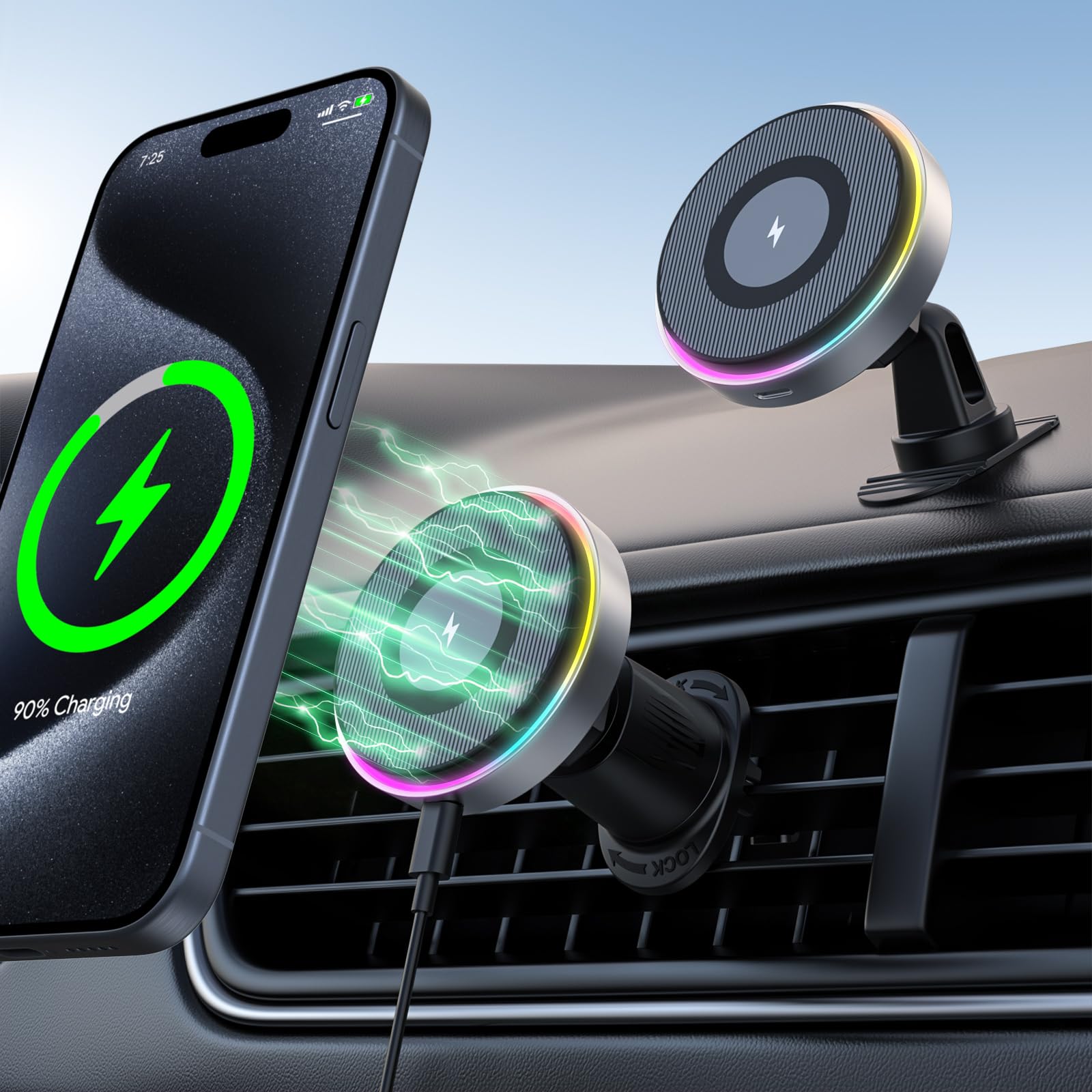 Wireless Car Charger, 15W Fast Charging, Hinyx Mag-safe Car Mount Magnetic/Magnet Wireless Charger for iPhone 14/15/13/12 Series,Colorful