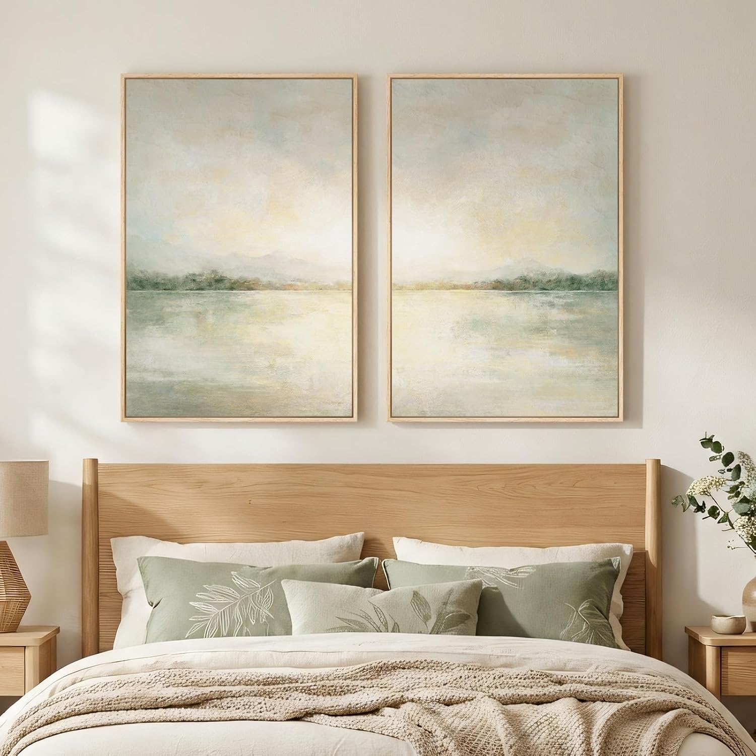 Framed Sage Green Abstract Wall Art for Living Room, Large Set of 2 Abstract Landscape Canvas Artwork for Walls, Minimalist Painting Print for Bedroom Dining Room Office Hallway Wall Decor, 24x36 Inch
