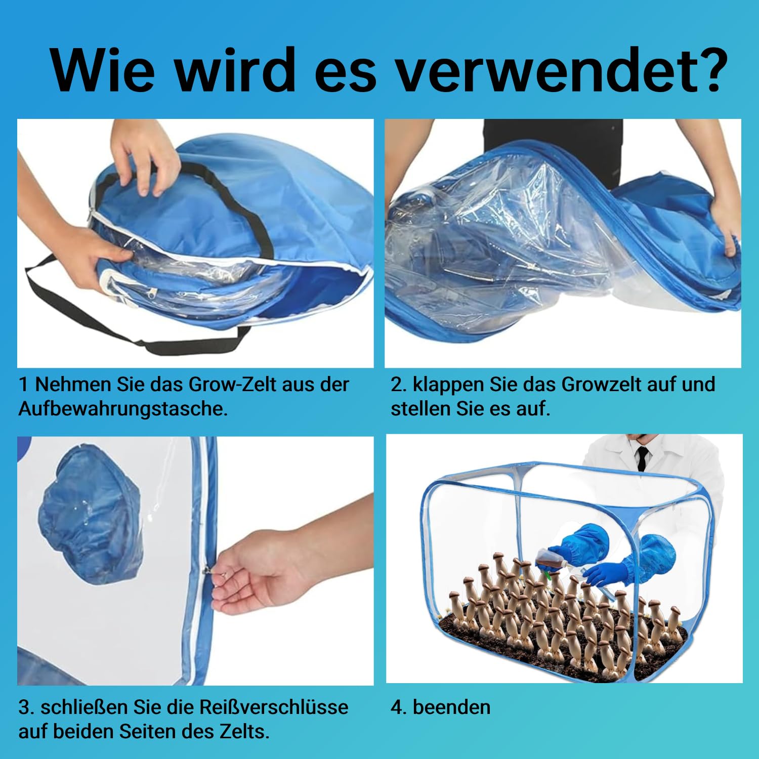 Pilze Züchten Growzelt, 60 x 60 x 90 cm Growbox. Tragbarer und klappbarer Grow Zelt mit Zwei Armöffnungen Grow Box für Pilzee wie Enoki Pilze, Heilpilze, Pilze im Allgemeinen(Blau) Gr